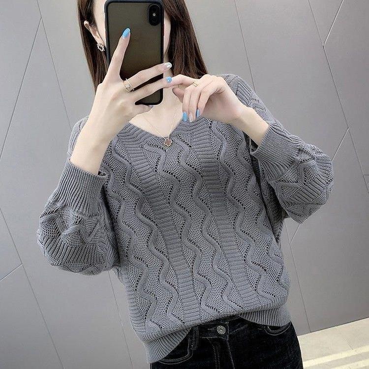 Lazy Bat Sleeve Hollow Knitted Sweater Spring and Autumn Fashion Casual Thin Long-sleeved Top Women's V-neck Pullover