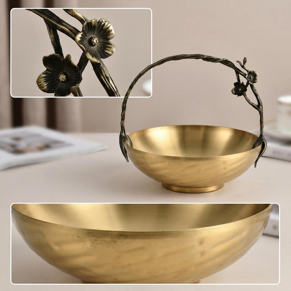 Metal Fruit Bowl with Handle Floral Decorative Centerpiece Vintage-Style