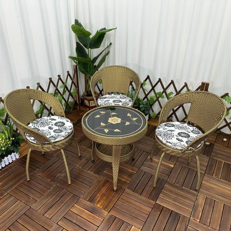 Three-Piece Chinese Style Rattan Table and Chair Set - Indoor Balcony Swivel Chair, Durable Round Five-Piece Swivel Design