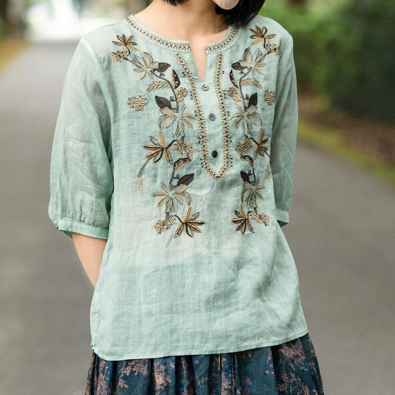 Women's Fashion Embroidery Spliced Solid Color V-Neck Shirt Summer Female Clothing New Vintage Loose Casual Half Sleeve Blouse