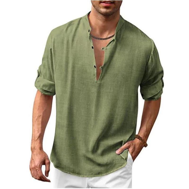 Men's Linen Henry Shirt Stand-up Collar Long-sleeved Casual Beach Shirt