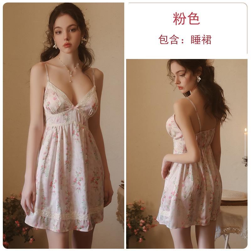 Large size pure desire floral satin underwear deep V plus chest pad sexy nightdress temptation home set M розовый