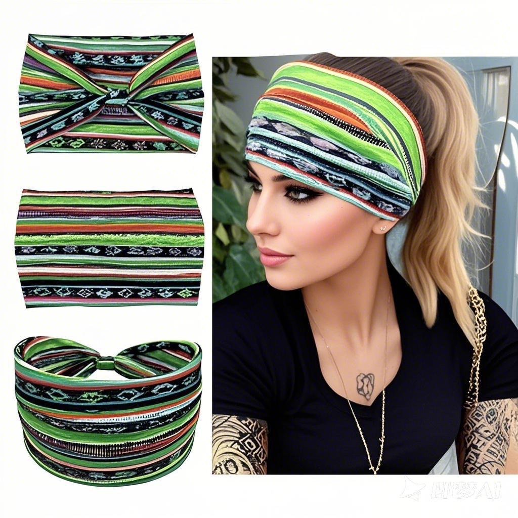 Bohemian Striped Yoga Headband - Sweat-Absorbing, Elastic Cotton for Ladies