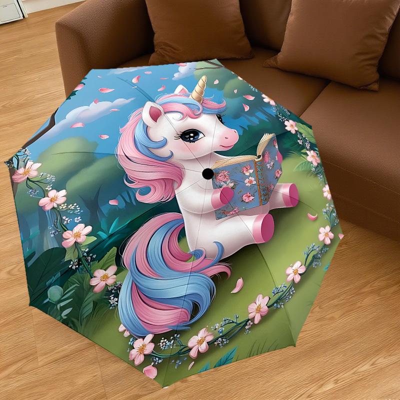 1PC unicorn, flowers Automatic Open/Close Umbrella with Windproof, 8-Rib Sturdy Canopy, Durable Ribs, Fashionable Design, Outdoor Accessory, Fun Prin,
