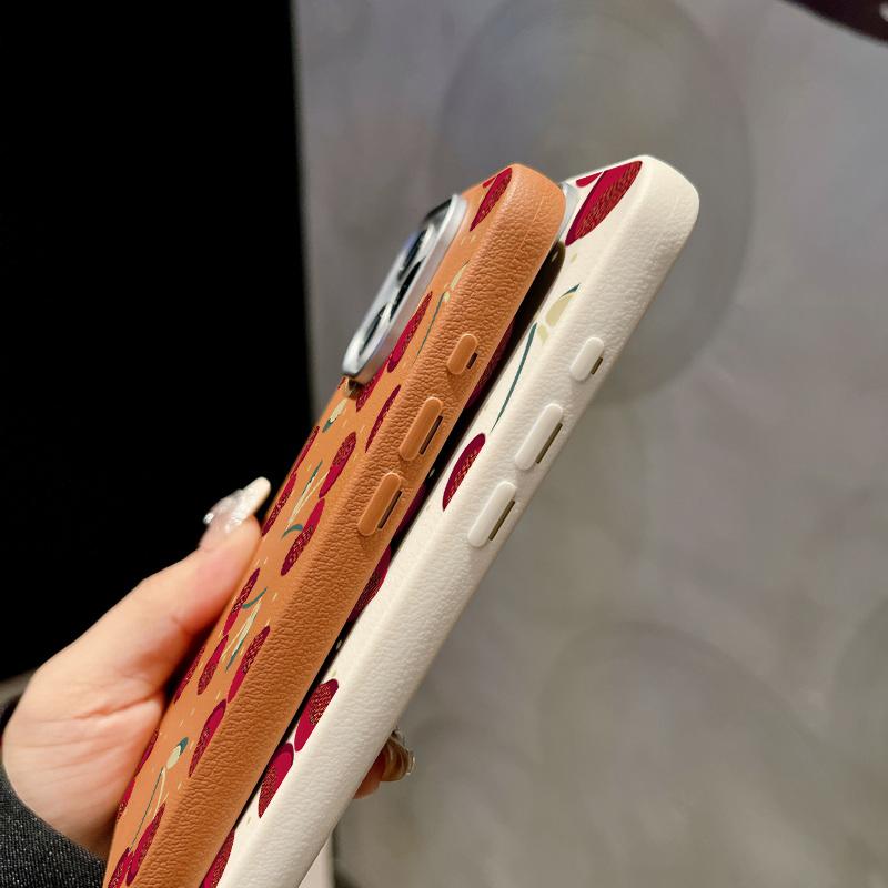 Cherry Print Slim Matte for Magsafe Case For iPhone 16 Pro Max 15 14 Pro 13 12 11 TPU Leather Texture Shockproof Soft Magnetic Phone Cover