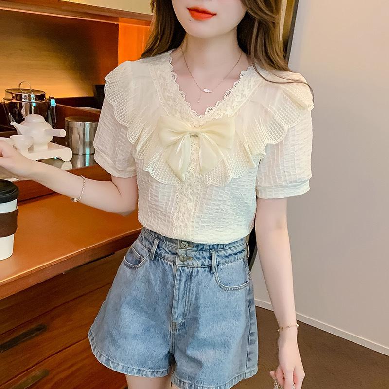 Women's French Chic Lace Chiffon Blouse - Spring Fashion Short Sleeve, Slimming and Stylish