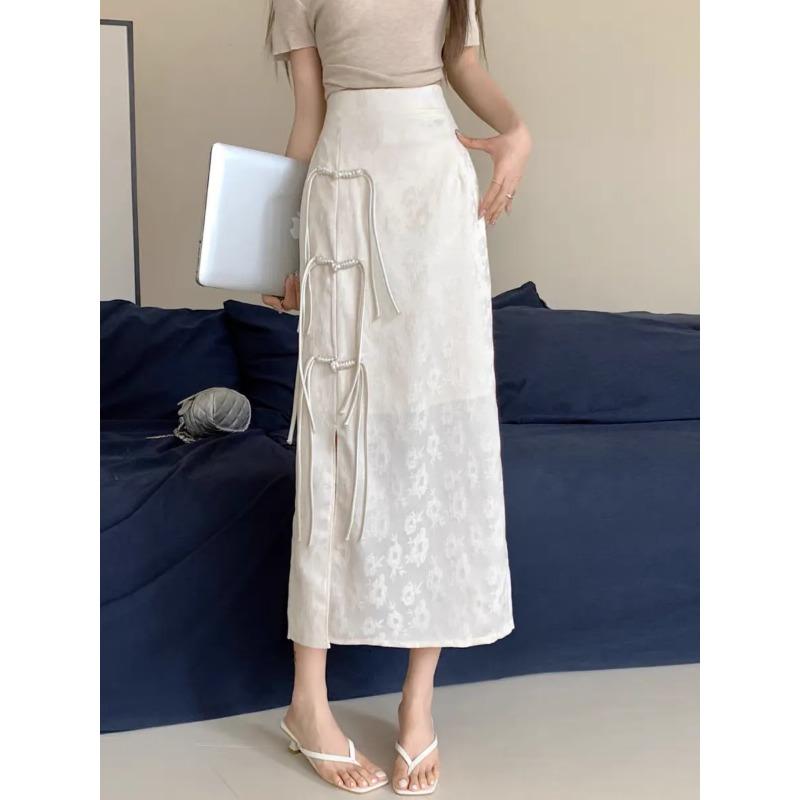 Summer Women s White Chinese Style Midi Skirt Frog Button Split Skirt S абрикосовый