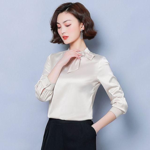 

Весенне-осенняя новая рубашка из искусственного шелка с бантом, женская блузка с длинными рукавами, облегающая модная универсальная атласная блузка XXL абрикосовый
