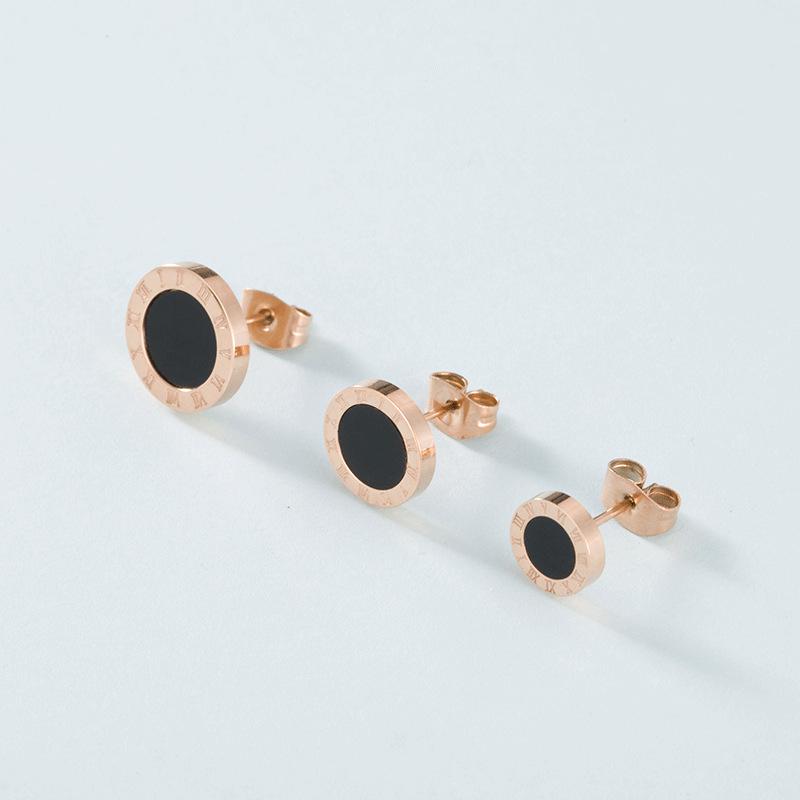 European & American Creative Titanium Steel Roman Numeral Black Round Earrings, Chic Women's Rose Gold Studs.