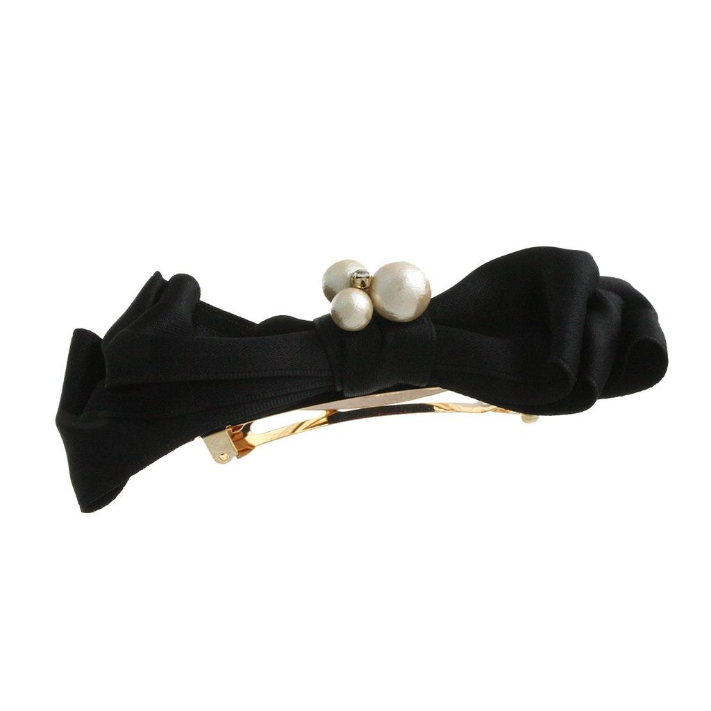 VINGTAINE Cotton Pearl Bijou Satin Ribbon Barrette Elegant Office 3D Hair Accessory Kiska [Vantaine] H-992-BK-