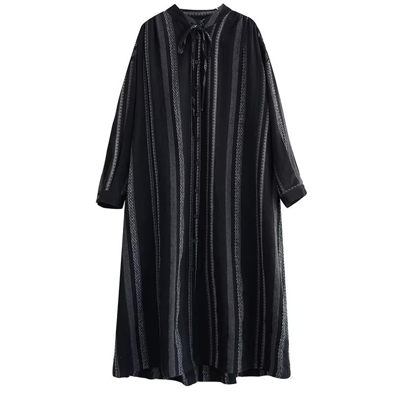 

XITAO Полосатое Однобортное Платье с Лентой, Полный Рукав GMM1308 One Size чёрный