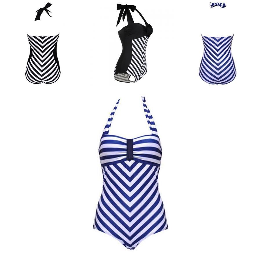 Elegante Costume da Bagno Nero con Scollo a V Profondo e Spalline Sottili Taglie Forti per Costumi da Bagno a Strisce Donna