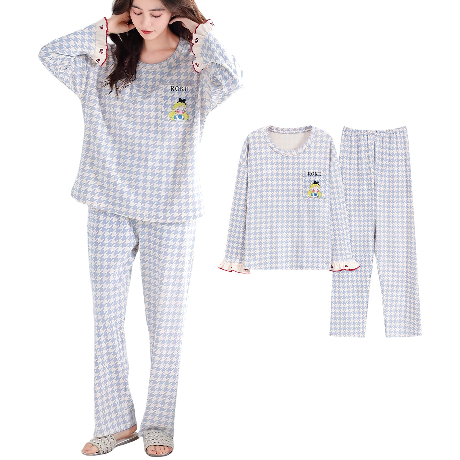 

AQRTPXU Пижамный бюстгальтер Гусиная лапка Цветочный Круглый вырез Длинный с оборками Стильный и милый для студенток Женский комплект, Хлопок, Включено, Узор, Принт, Шея, Рукава, синий