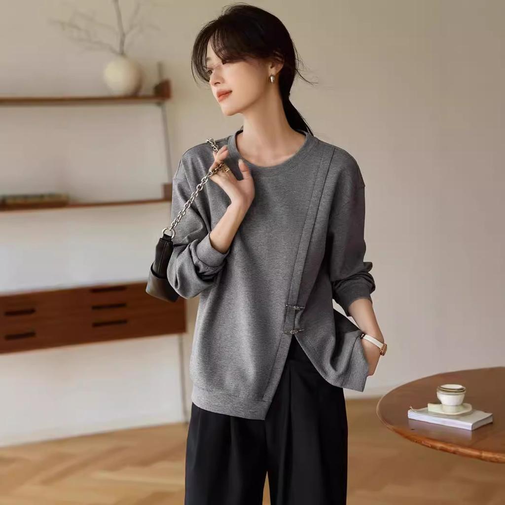 Loose Slit New Chinese Sweatshirt Autumn New Fashionable Casual Simple Sweatshirt for Women