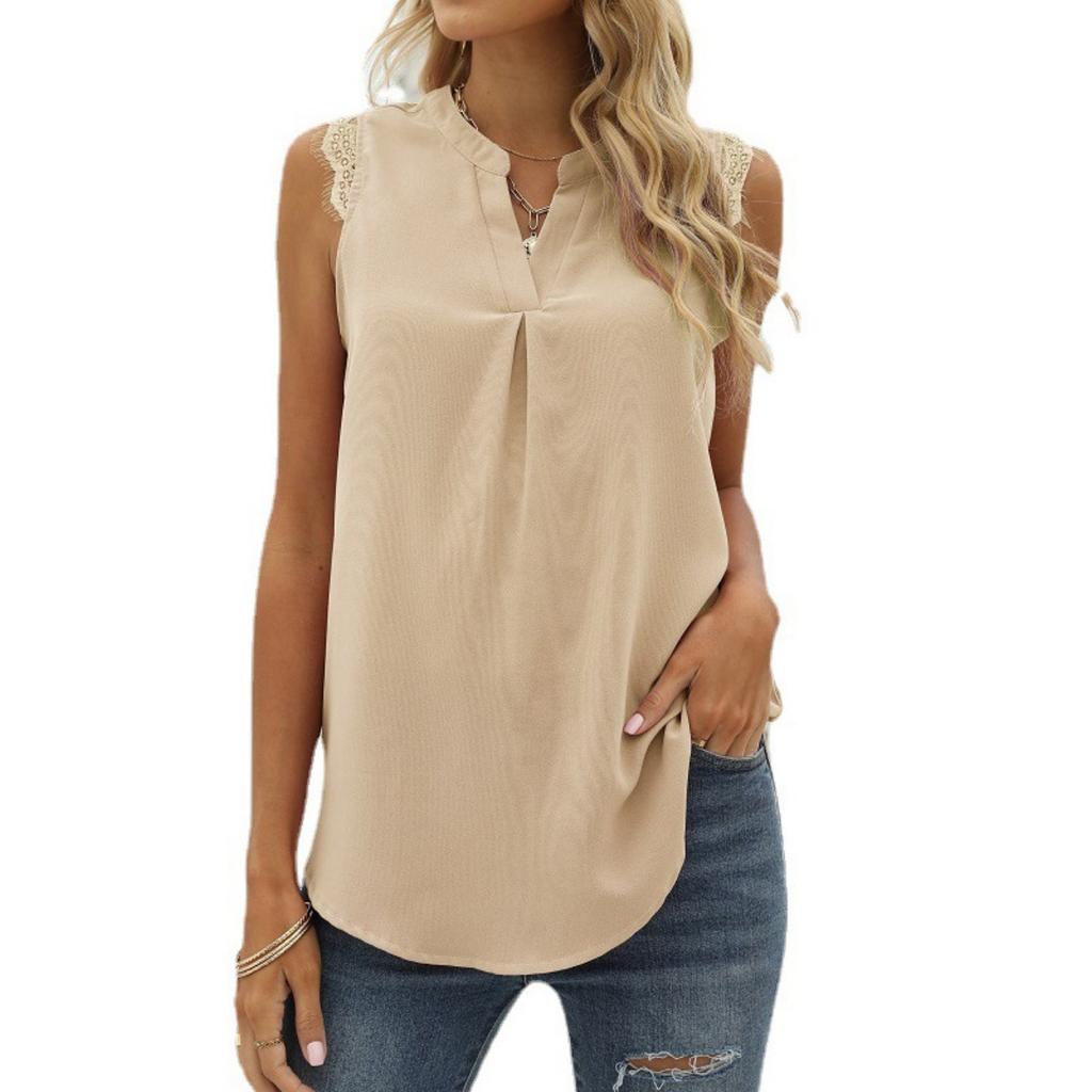 Spring Summer Women's Solid Color Shirt Loose V-neck Sleeveless Lace Trim Blouse, European American Style Casual Top