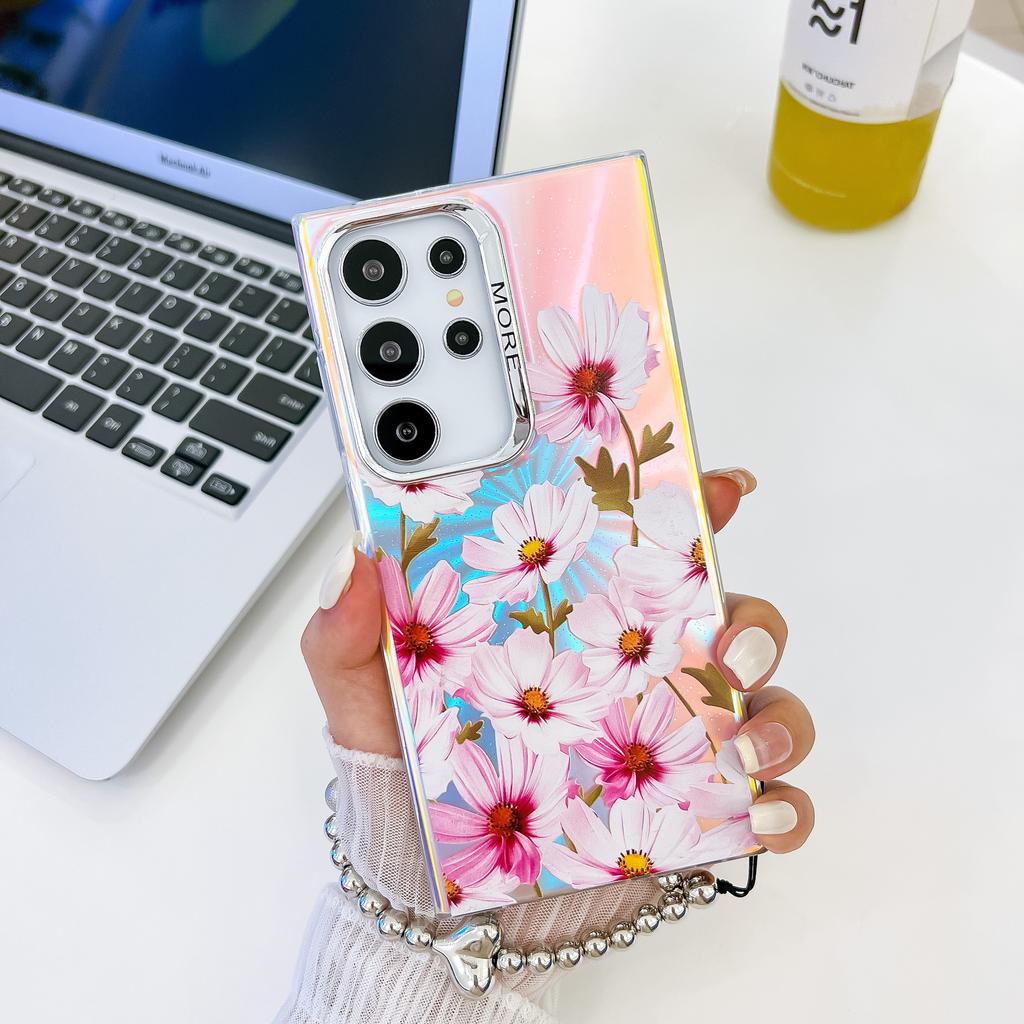 Flowers Suitable for Samsung S25ultra Mobile Phone Case S24Plus Electroplated Laser A56 with Pearl Bracelet Protective Cover