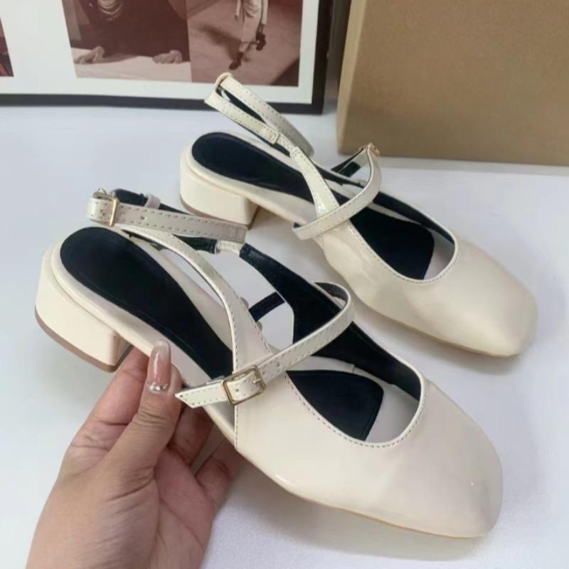 Mid Heels Office Lady Mary Jane Shoes Retro Patent Leather Square Head Slingbacks Fashion Ankle Strap Ladies Summer Sandals