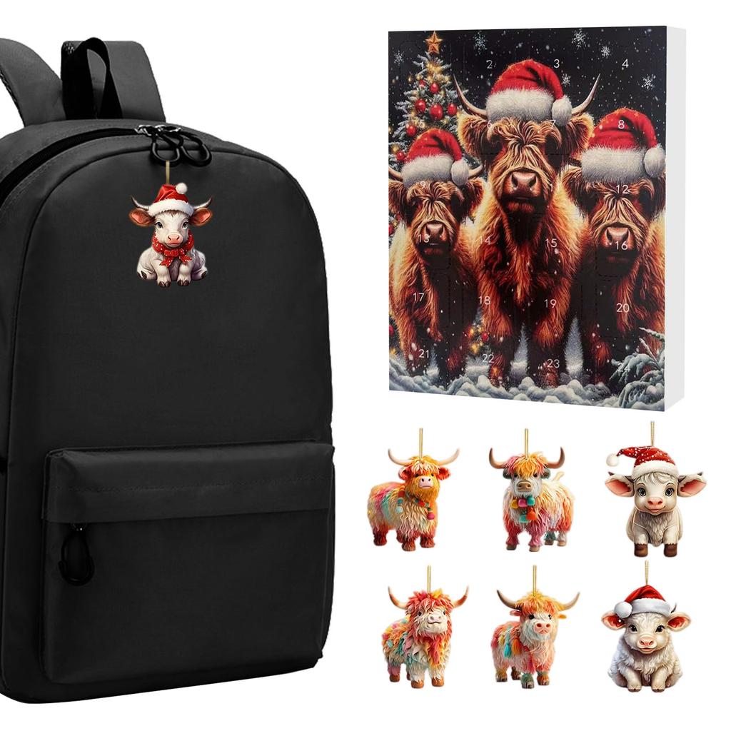 Christmas Advent Calendar Highland Cow Christmas Countdown 24pcs Christmas Tree Highland Cow Pendants Ornament 2D Flat Gift