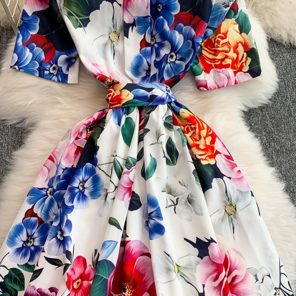 Summer Women Designer Print Runway Dress Elegant Turn-down Collar Office Work Midi Lace-up Shirt Dresses