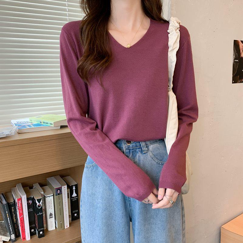 Women's Apricot V-Neck Knitted Sweater - Soft Long Sleeve Top for Spring/Autumn 2025