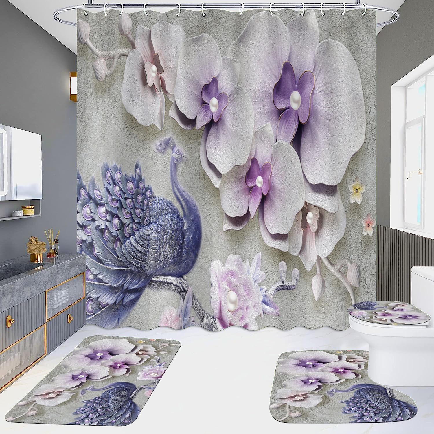 

HD занавеска для душа, набор из четырех предметов, водонепроницаемая без дырокола, ванная комната, отель, туалетная перегородка, занавеска Павлин Only curtain 150x180