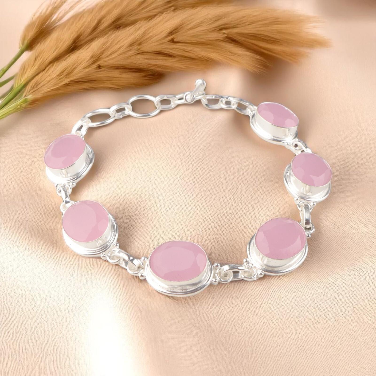 

Розовый халцедон драгоценный камень 925 стерлинговое серебро ювелирные изделия ручной работы браслет 8.5 RB-3-12