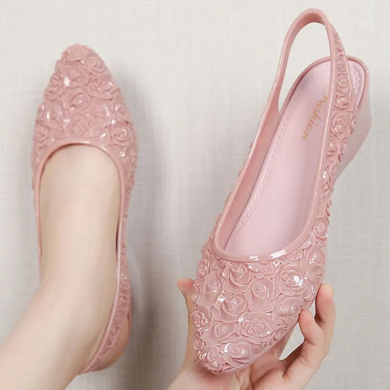 WTEMPO Pointed Toe Flowers Large Size Solid Color Casual Shoes Women PVC Waterproof Non-slip Soft Low Thick Heel Work Single Shoes