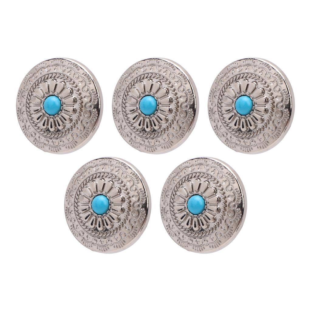 5 Sets Screw Back Button Silver Flower Blue Turquoise 30mm Round Shape Conchos with 4.5mm Screws for Leather Crafts