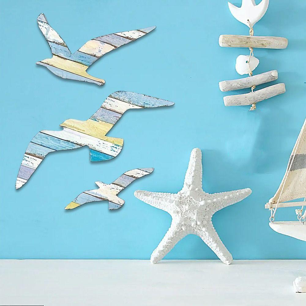 3Pcs Wooden Seagull Wall Sign Decoration Art Background Pendant Wall Hanging  Children's Room