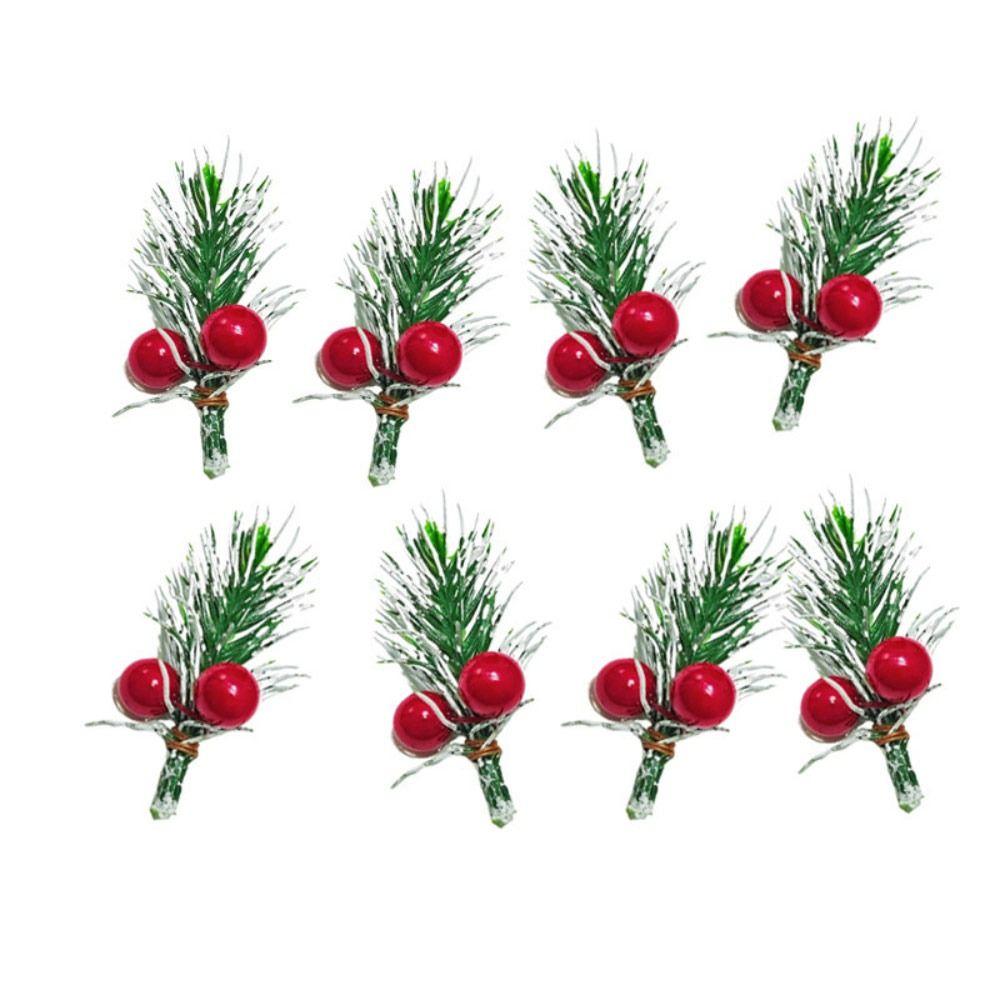 10PCS Green Artificial Pine Branches DIY Accessories Home Decoration Christmas Red Berries Stems Wrapping Wedding Ornament