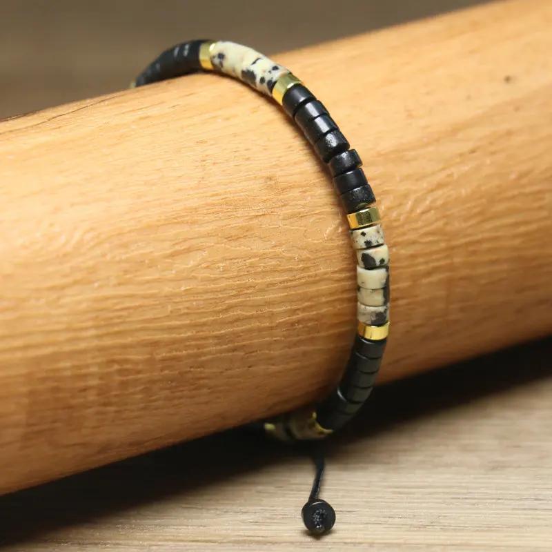 Bohemian Style Black Agate Spotted Beaded Bracelet | Adjustable Hand-woven Natural Stone Accessory | Anniversary Birthday Gift
