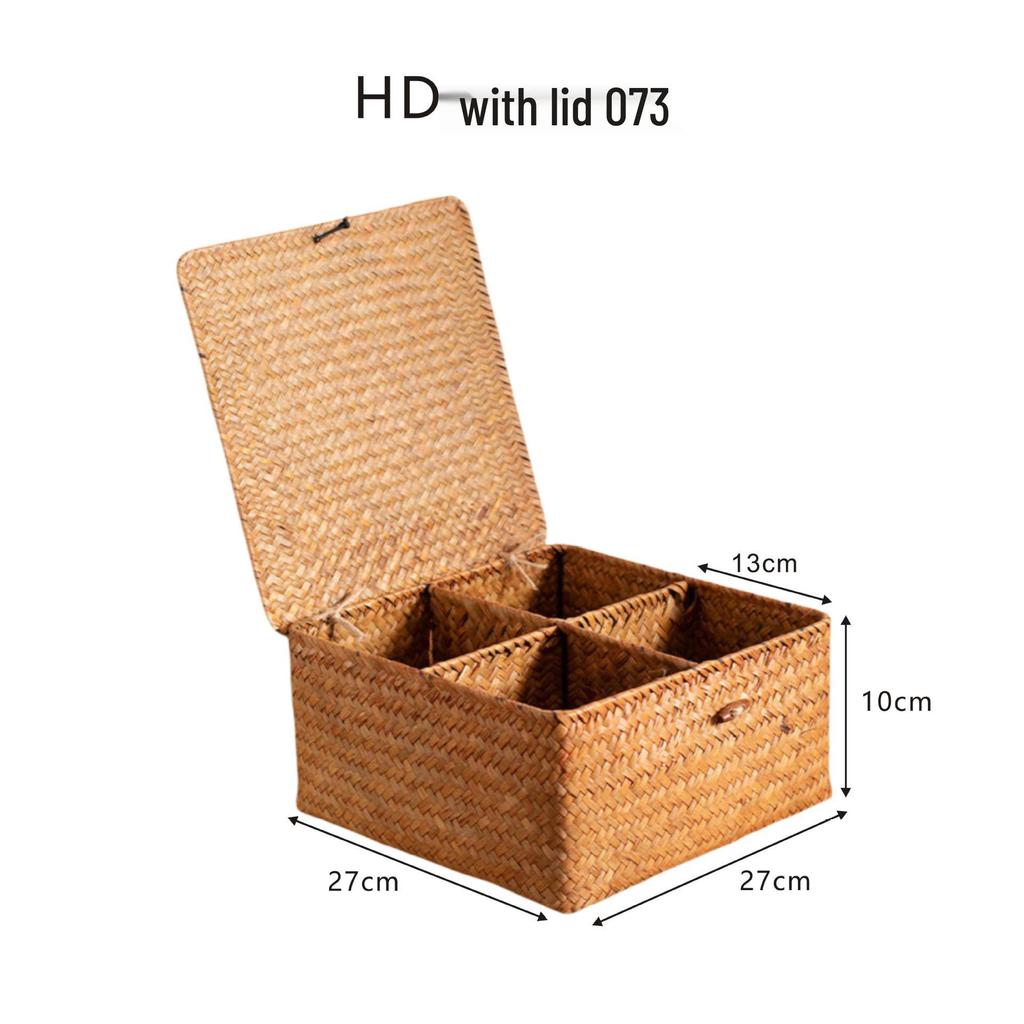 Seagrass Woven Cattail Desktop Storage Box with Lid - 4-Compartment Organizer for Cosmetics, Tea, Coffee Table, or Mooncakes