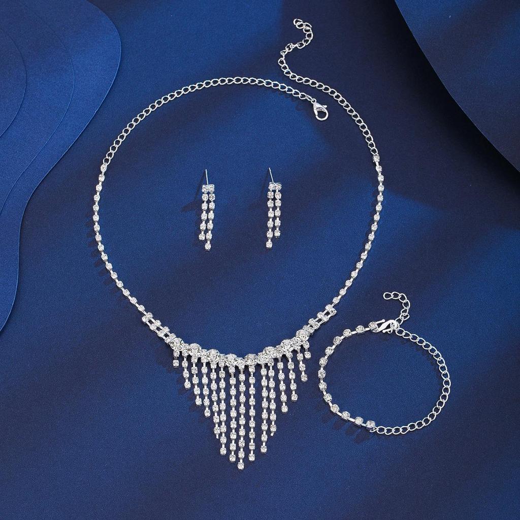 Exaggerated Rhinestone Claw Chain Tassel Necklace & Bride Jewelry Set