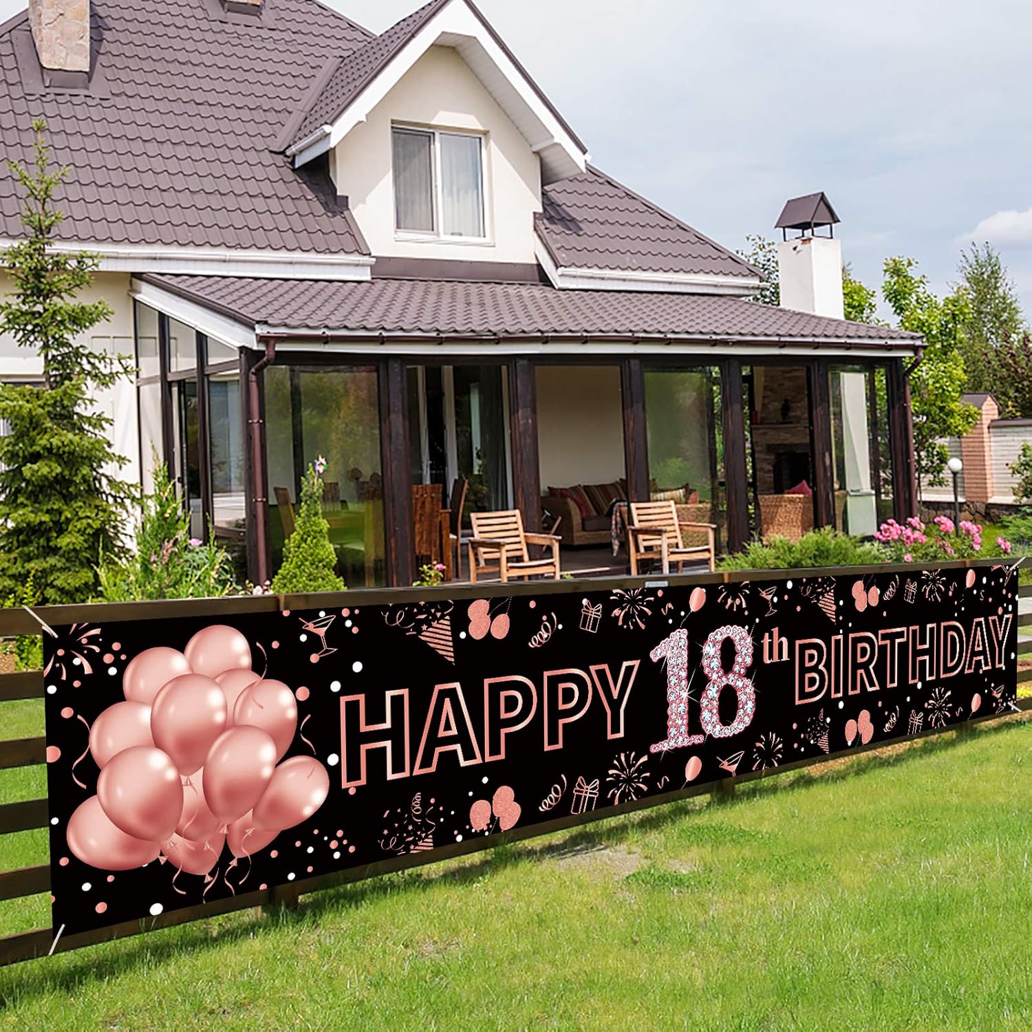 Pimvimcim 18th Birthday Decorations for Girls, Happy 18th Birthday Banner Rose Gold and Black 18 Year Old Birthday Decorations Party Supplies