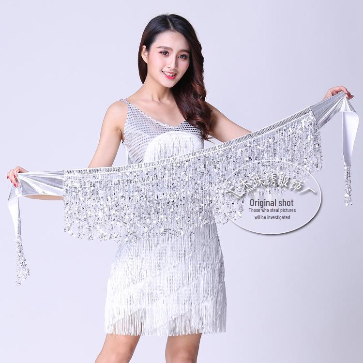 Belly Dance Stage Costume: Patent Leather Fringe Waist Chain with Sequin Armbands and Skirt