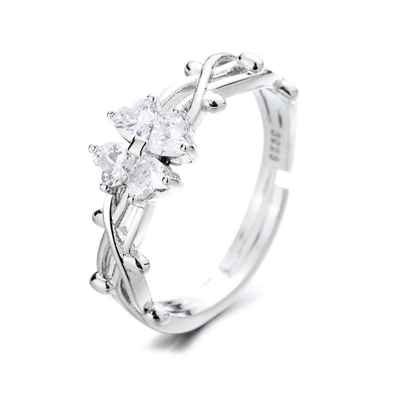 925  Silver small leaves micro-insert opening ring simple fashion sweet temperament leaf ornaments