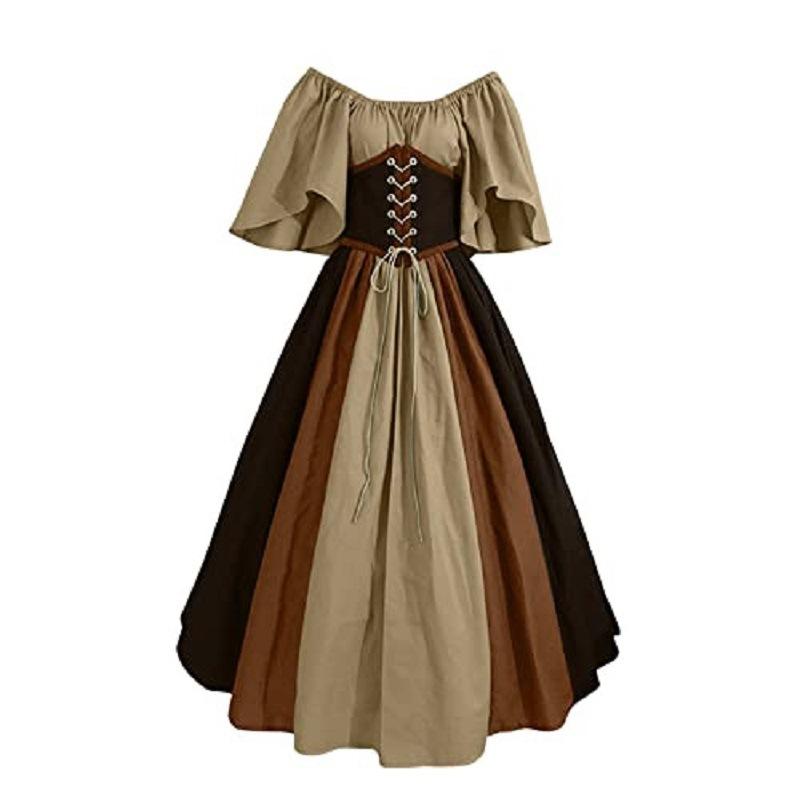 Medieval Retro Contrast Color Slim-fit Dress Feifei Sleeve Big Skirt Cos Costume Performance Stage Costume
