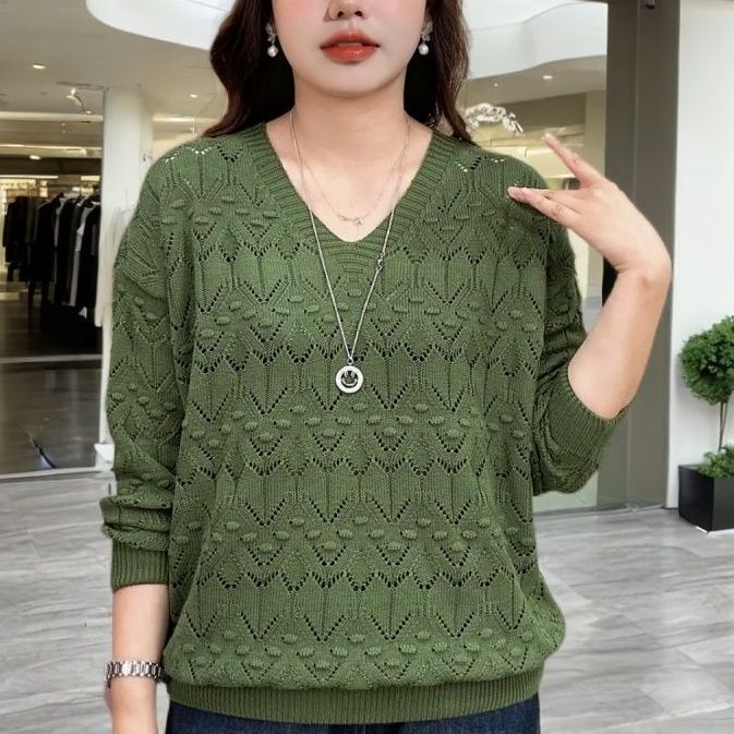 Long-sleeved Autumn Fashion Western-style V-neck Hollow Lightweight Temperament Blouse Sweater All-match