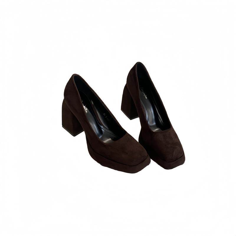 Rich and Rich Suede Thick Heels High Heels Women's 2025 New French Square Head Shallow Mouth Work Professional Commuter Shoes