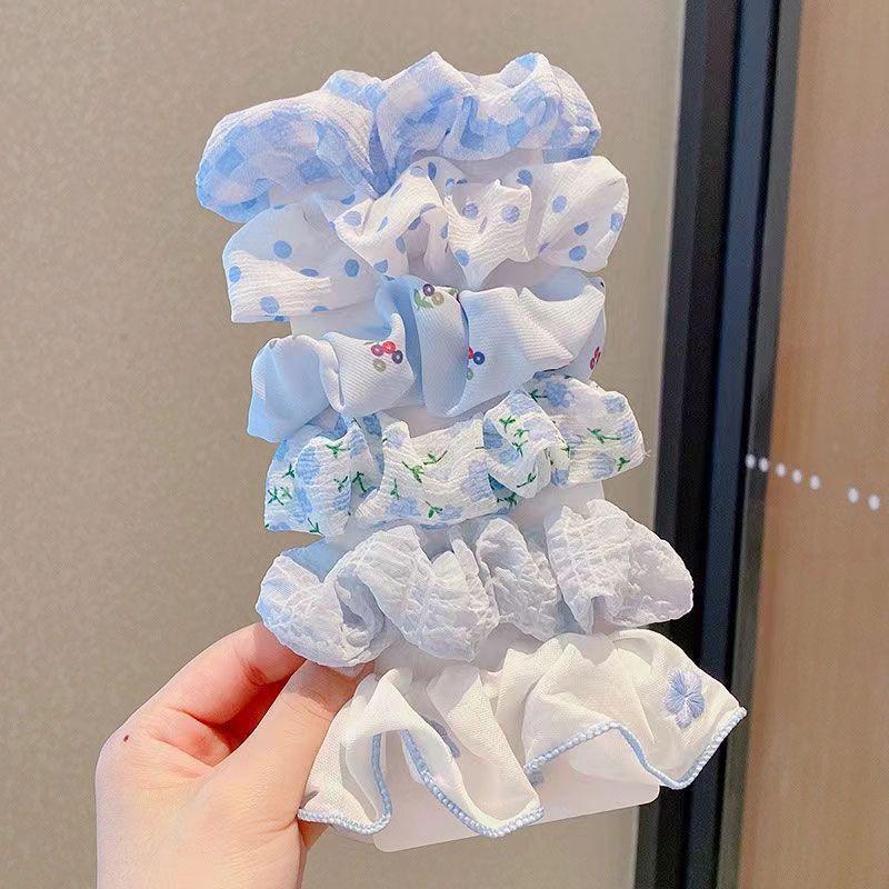 

6Pcs/Set Women S Sweet Pink Peach Blossom Check Large Intestine Hair Ring Fashionable And Versatile Hair Accessory