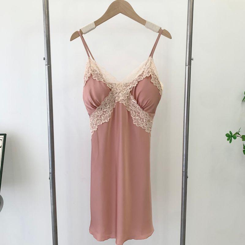 

Sexy Lace Nightdress with Chest Pad Pure Desire Style Home Wear Silk Skirt Summer Artificial Silk Purple Suspender Skirt Pink 160(M)