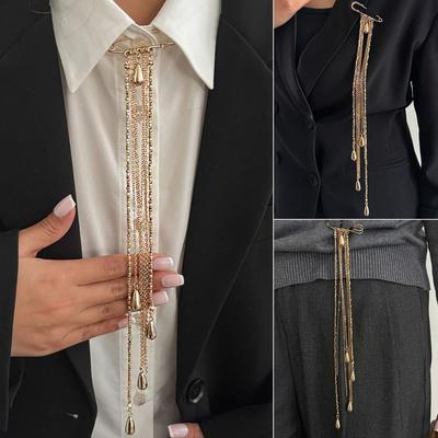Exaggerated Clothing Tie Pin Alloy Bead Fixed Ornament Tassel Chain Brooch  Women Girls