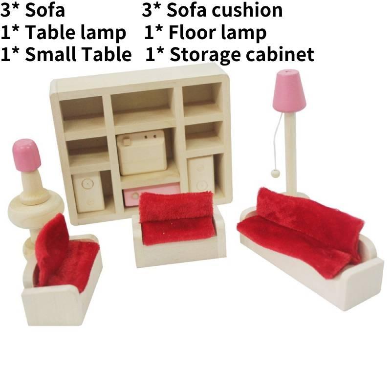 Entzückendes Holzpuppenhaus-Möbelset für Kinder mit farbenfrohen Schlafzimmer-, Küchen- und Wohnzimmer-Accessoires