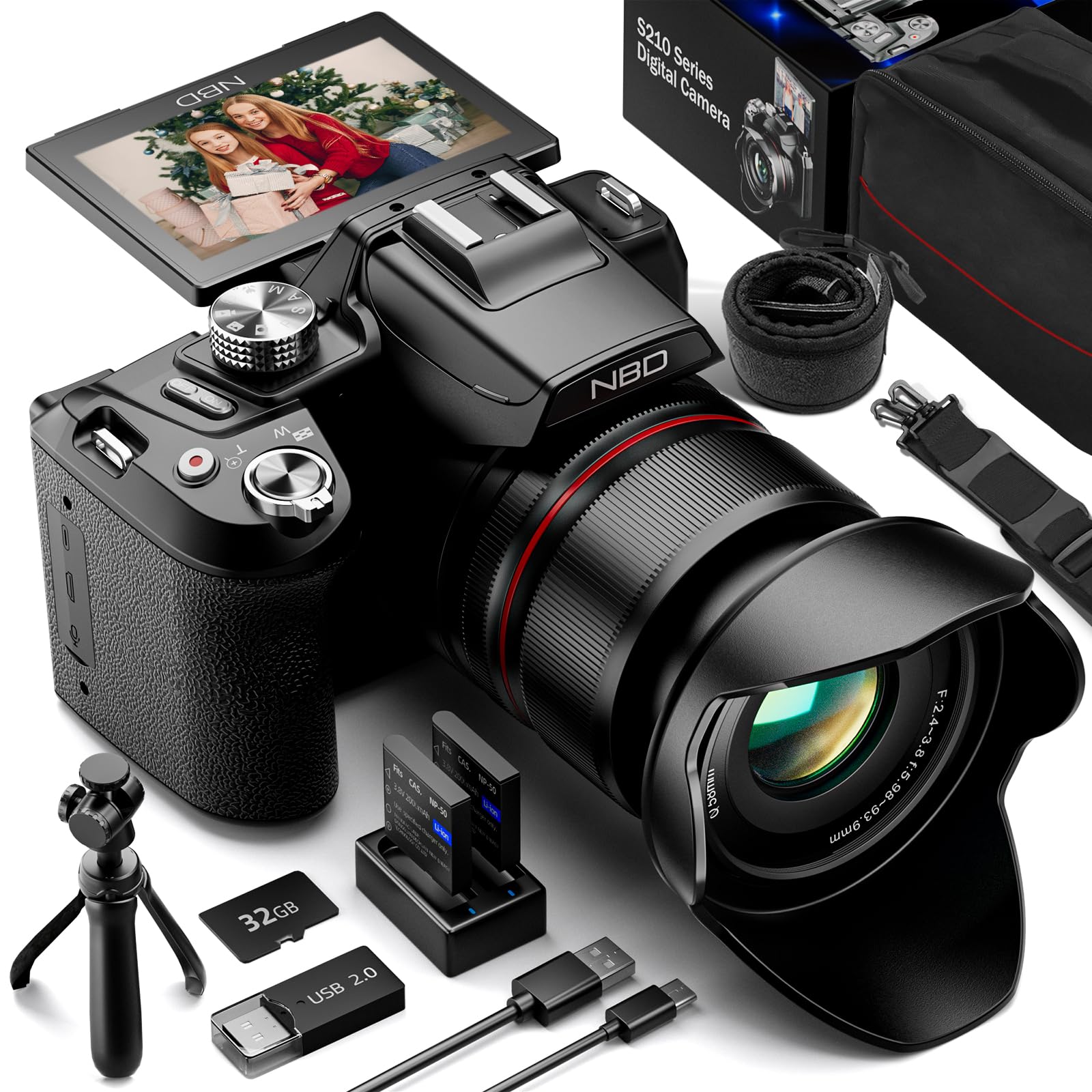 

NBD 5K 64MP Digital SLR Camera and App 16x Optical Zoom with Autofocus and Image Stabilization Screen Webcam Function 32GB microSD Card Two Included
