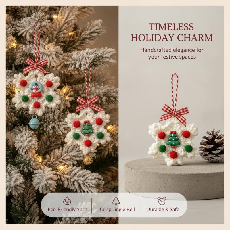 5Pcs Hand Knitted Christmas Snowflake Ornament Wool Yarn Snowflake Pendant Xmas Tree Window Bell Hanging Decor Diy Accesorios