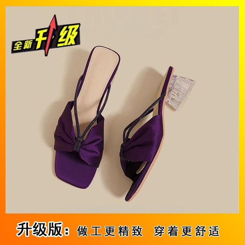 Bow high heels French high-end feeling with skirt cool slippers 2025 summer and autumn new fashion beautiful crystal heel