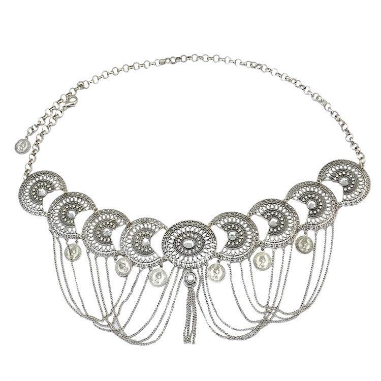 Retro Ethnic Floral Waist Chain with Carved Coin Tassels and Geometric Hanfu Dance Accessories