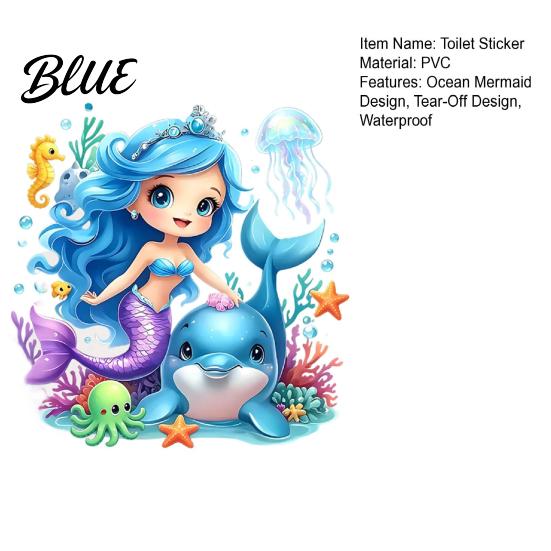 Kids Bathroom Decor Decal Self-Adhesive Traceless Design Tear-Off Toilet Sticker Waterproof PVC Ocean Dolphin Wall Sticker Mermaid Pattern