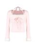 Women's Pink Square Neck Long Sleeve Slim Fit T-shirt - Furry Patchwork, Autumn/Winter Inner Layer Top