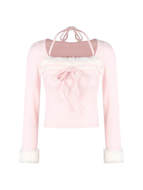 Women's Pink Square Neck Long Sleeve Slim Fit T-shirt - Furry Patchwork, Autumn/Winter Inner Layer Top